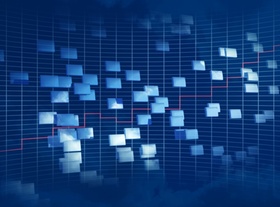 Abstrakte Darstellung Vierecke mit Wolken und roter Linie