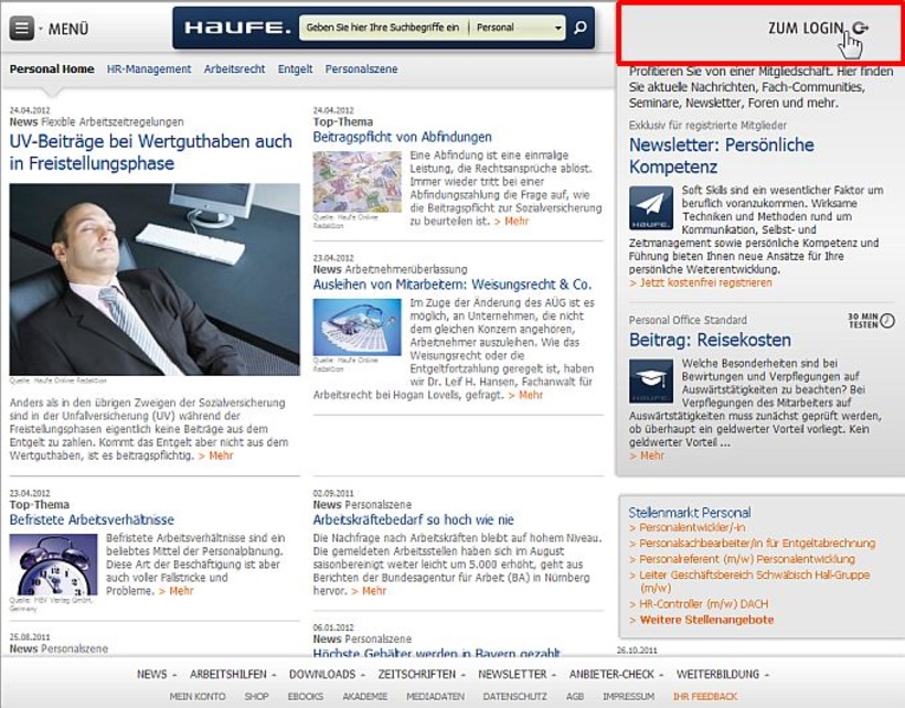 Anmeldung über Login rechts oben