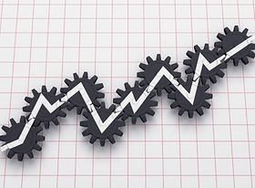 Ansteigendes Liniendiagramm aus ineinander laufenden Zahnrädern