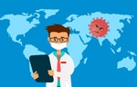 Arzt mit Weltkarte und Virus im Hintergrund