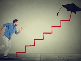 Concept of education target progress. Young man student running up career education ladder