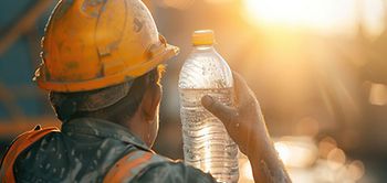 Bauarbeiter Helm gelb Sommer Hitze Wasserflasche