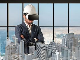 Bauingenieur mit VR-Brille guckt auf Hochhausmodelle