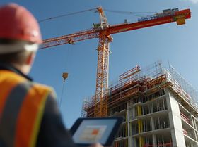 Baustelle Bauarbeiter Kran Mehrfamilienhaus
