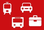 Collage Icons Verkehrsmittel Bus Bahn Auto + Koffer