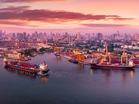 Aerial panoramic view of Logistics and transportation of Container Cargo ship and Cargo plane with w