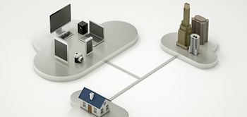 drei vernetzte Wolken - Familienhaus, Hochhäuser, Computer