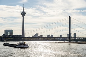 Duesseldorf, view to Stadttor and Rhine tower with Rheinknie-Bruecke and Rhine River