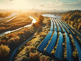 A solar energy farm near a hydrogen factory with a hydrogens containers, Aerial high view. Generativ