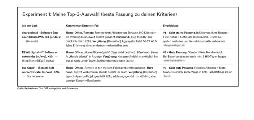 Experiment 1: Meine Top-3-Auswahl (beste Passung zu deinen Kriterien)