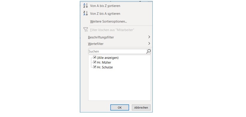 Filter Mitarbeiter in einer Pivot-Tabelle