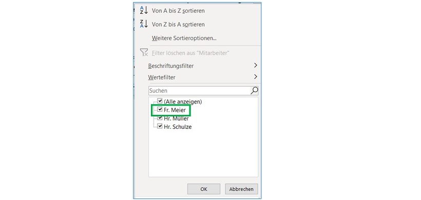 Filter Mitarbeiter in einer Pivottabelle
