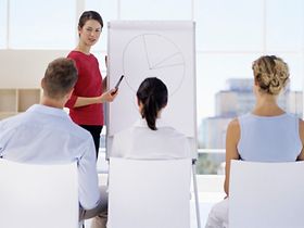 Frau an Flipchart mit Diagramm