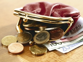 Geldbeutel mit Euromuenzen und Scheinen