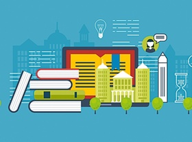 Grafik mit Büchern Tablet und angedeuteter Skyline im Hintergrund