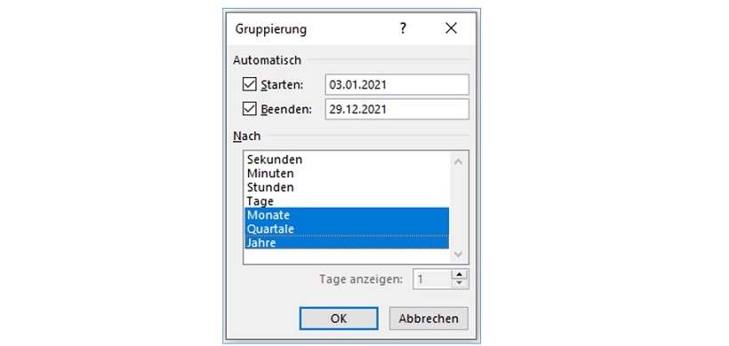 Gruppierung von Datumsangaben in Excel