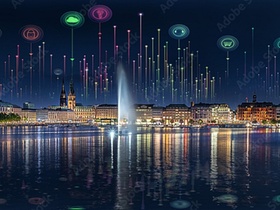 Hamburg am Abend mit Icons im Nachthimmel