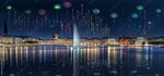 Hamburg am Abend mit Icons im Nachthimmel