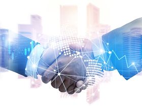 Handschlag futuristisch Wolkenkratzer Business Deal 