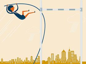 Illustration: Frau nimmt Hürde vor Skyline