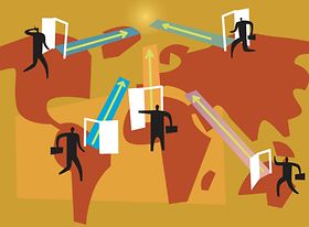 Illustration Männer laufen auf Weltkarte durch Türen