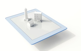 iPad, Tablet mit Gebäudenmodellen in 3D