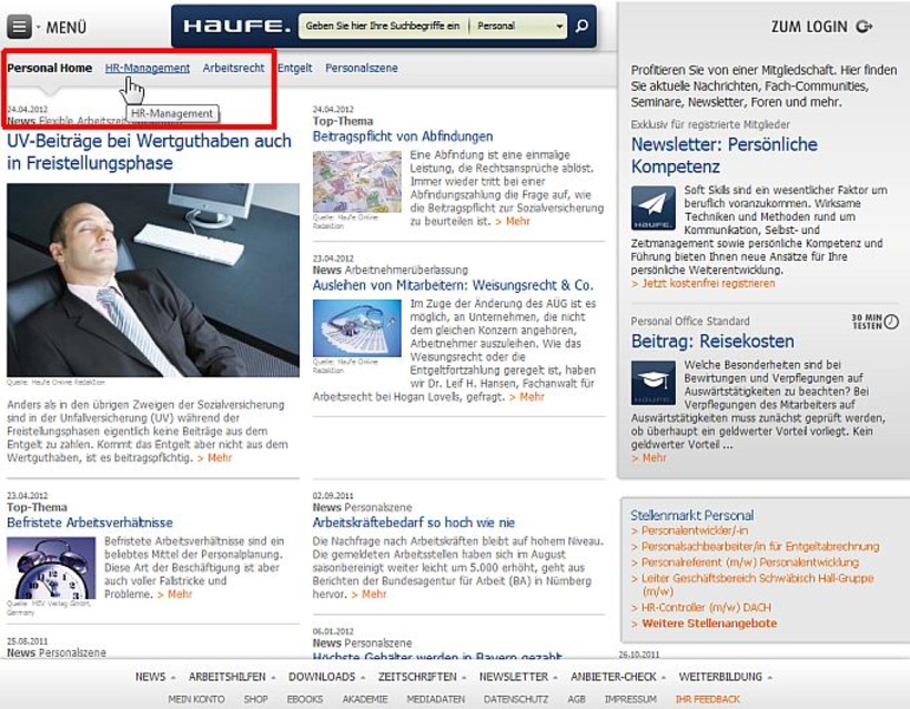 Jeder Bereich hat eine thematische Navigation