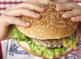 Junge isst Hamburger, Fast Food