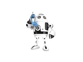 Kleiner Roboter mit Telefonhörer in der Hand