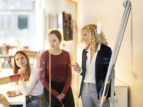 Kollegen diskutieren Projekt an Flipchart