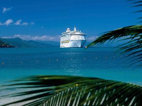 Kreuzfahrtschiff ankert in Bucht, Karibik, Palmenblaetter im Vgr.