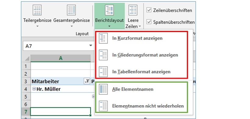 Layoutformate für die Pivot-Tabelle