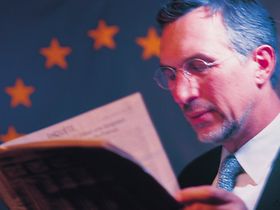 Mann beim Lesen vor Euroflagge