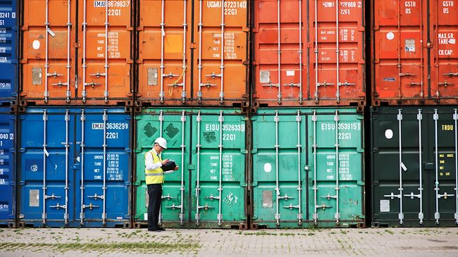 Mann vor Hafencontainern