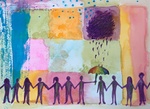Menschen, die jemanden in Not unterstützen. Regenschirm halten. Malerei.