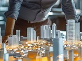 Menschen schauen auf großes Modell von Immobilien