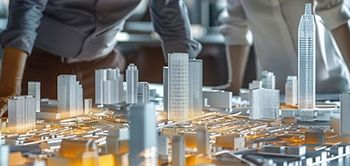 Menschen schauen auf großes Modell von Immobilien