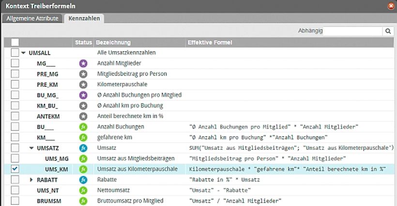 Abbildung 5: Treiberformeln und Kennzahlen in der Modellierungsoberfläche des Planungstools
