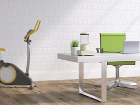 moderner Arbeitsplatz mit Sportgerät und Pflanze