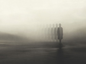 illustration of surreal man disappearing in the fog, abstract concept