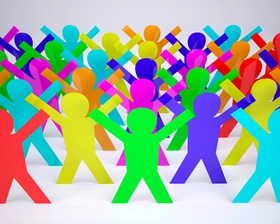many people cartoon silhouette colored with hands in up, 3d illustration