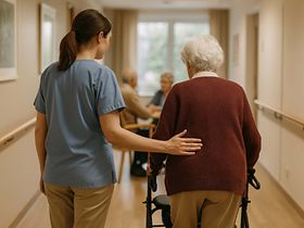 Pflegeheim_Pflegekraft begleitet Seniorin im Flur