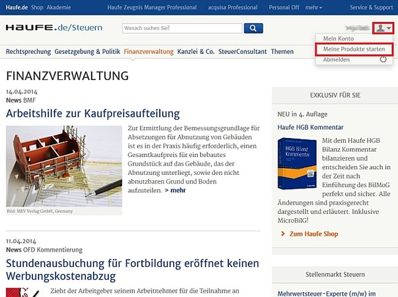 Produktzugang über "Meine Produkte starten"