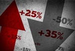 Red and dark grey market statistics and percentages on grey wall