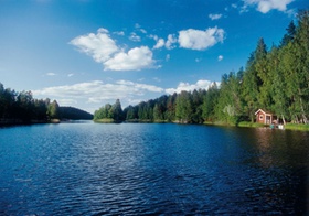See, Waldufer mit Huette, Saimaa, Finnland