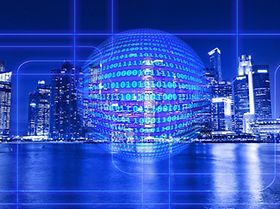 smart city-Skyline einer Großstadt mit Kugel aus Binärcode