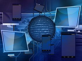 Smartphones, Bildschirme, Tablets+Binärcode - Digitalisierung