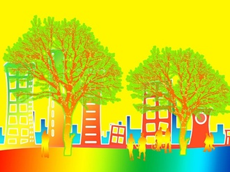 Stadquartier bunt Grafik Leute Bäume Häuser