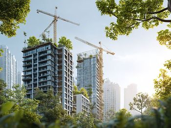 Stadt Hochhäuser Gebäude Kran Kräne Bäume grün