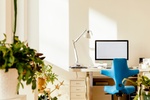 Stuhl im Büro, Schreibtisch und Pflanzen